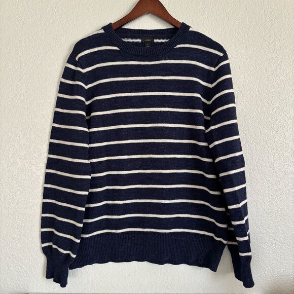 J. Crew 100% Cotton Crew Neck Preppy Navy White Striped Sweater - Picture 2 of 8